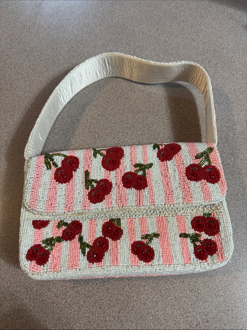 Beaded Cherry Stripe Shoulder Bag - Pink/Red